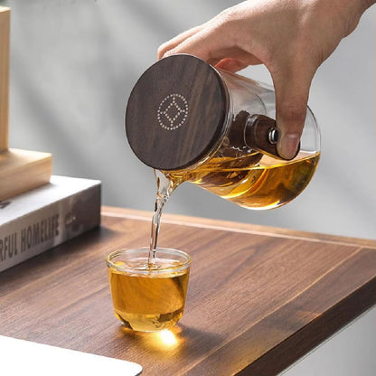 Portable Glass Teapot with Filter Lid and Wooden Handle
