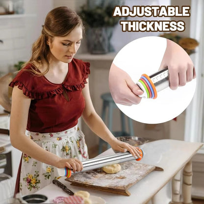 17Inch Adjustable Stainless Steel Rolling Pin Dough Roller with Measurement Marks 4 Adjustable Removable Rings