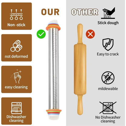 17Inch Adjustable Stainless Steel Rolling Pin Dough Roller with Measurement Marks 4 Adjustable Removable Rings