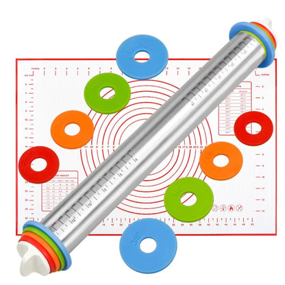 17Inch Adjustable Stainless Steel Rolling Pin Dough Roller with Measurement Marks 4 Adjustable Removable Rings