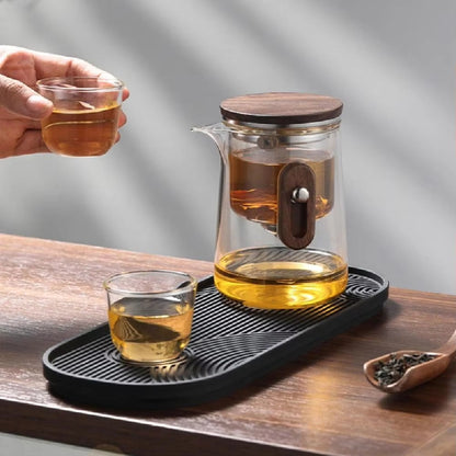 Portable Glass Teapot with Filter Lid and Wooden Handle